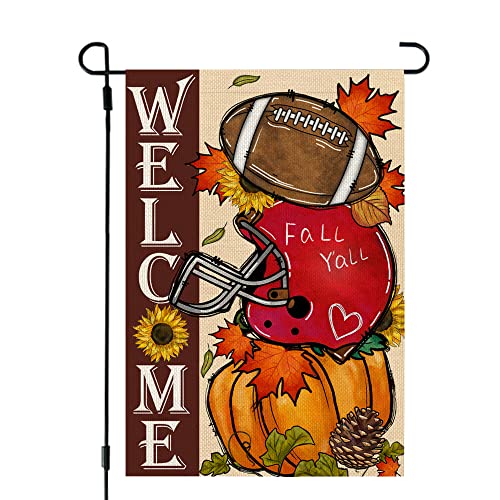 CROWNED BEAUTY Fall Welcome Garden Flag 12x18 Inch Double Sided for Outside, Burlap Small Seasonal Autumn Football Pumpkin Yard Decoration