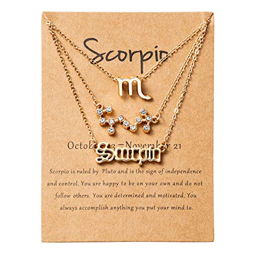 PANTIDE 3Pcs Scorpio Zodiac Layer Necklaces for Women Retro Gold Plated 12 Constellation Pendant Letter Necklace Exquisite Letter Horoscope Old English Zodiac Sign Necklace Jewelry Birthday Gift(Gold)