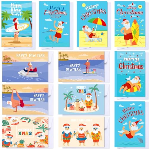 Zhanmai 120 Set Beach Christmas Cards with Envelopes Hawaiian Tropical Christmas Cards Florida Blank Inside Christmas Cards Bulk Boxed Funny Christmas Cards Holiday Greeting Cards with 120 Envelopes