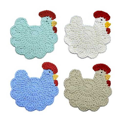 WAIT FLY Handmade Crochet Coasters Cute Drink Coaster Set for Coffee Table Tabletop Protection Home Decor-Chicken-B-4 PCS