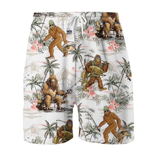 CrabBeach Fishing Bigfoot Tropical Men's Hawaiian Shorts Funny Bigfoot Fishing Swim Trunks for Men