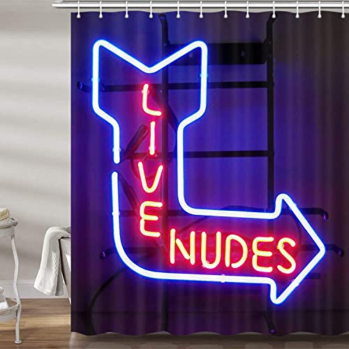 Unique Funny Shower Curtain for Bathroom, Fun Neon Signs Live Nudes Fabric Shower Curtains Set, Cool Design Restroom Decor Accessories Hooks Included 72X72inches