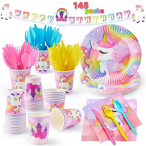 JOYIN 145 Pcs Unicorn Birthday Party Supplies with Unicorn Banner for Girls, 24 Serves Unicorn Disposable Tableware Set with Plates , Cups, Napkins, and Cutlery Sets for Unicorn Themes Party Kids 2 3