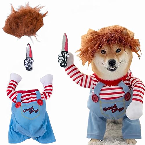 Pet Deadly Doll Dog Costume, Chucky Dog Cosplay Funny Costume Halloween Christmas Dog Clothes Party Costume for Small Medium Large Dogs (M: Chest Circumference 21'-27')