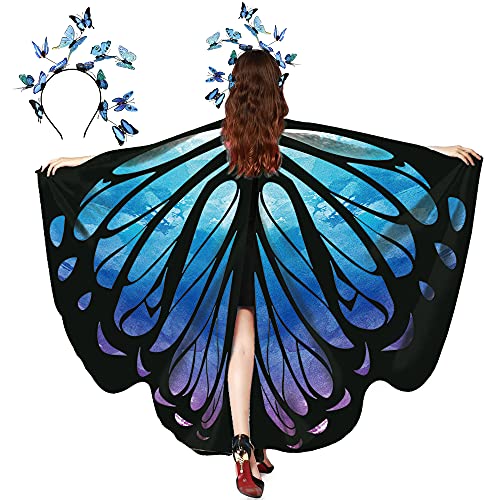 Zivyes Women Butterfly Wings Shawl with Mask Fairy Ladies Cape Nymph Pixie Halloween Costume Set (1-Butterfly Headband and Star Sky)