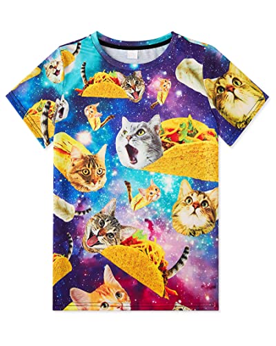 Loveternal Boy Girl Galaxy Cat T Shirt Funny Cute Slim Taco Cat Camp T Shirt Teens Crazy Animal Crew Neck Polyester Band School Tees Summer Short Sleeves Homewear Size 6-8