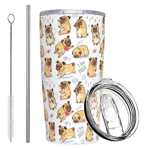 Pug Tumbler Pug Gift for Pug Lovers, Dog Cup with Lid and Straw, 20 Oz Stainless Steel Insulated Bottle Coffee Mug