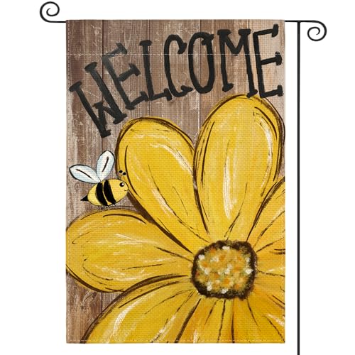 AVOIN colorlife Bee Sunflower Spring Summer Garden Flag 12x18 Inch Double Sided Outside, Welcome Wood Grain Yard Outdoor Flag