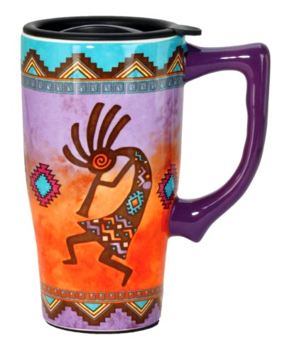 Spoontiques - Ceramic Travel Mugs - Kokopelli Cup - Hot or Cold Beverages - Gift for Coffee Lovers