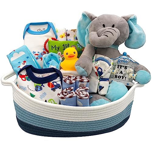 Nikki’s Gift Baskets – Bundle of Joy Deluxe Baby Boy Gift Set with 20-Piece Newborn Essentials, Medium Baby Gift Basket Kit for Expecting Moms, Blue