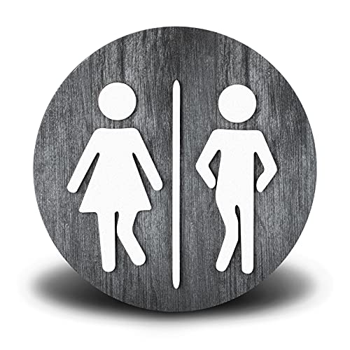 Jetec Wooden Unisex Restroom Signs Rustic Men's and Women's Restroom Wall Signs for Business Funny Bathroom Signs Cute Half Toilet Door Decor Signs Farmhouse Plaque for Toilet Shelf(Grey)
