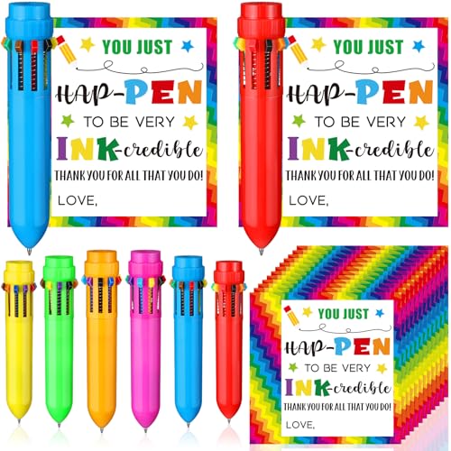 Kolldenn 24 Sets End of Year Student Gift Includes Retractable 0.5mm 10 in 1 Multicolor Ballpoint Pen with Gift Cards and Double Sided Adhesive Dots for Classroom Prizes Summer Birthday Party Favors