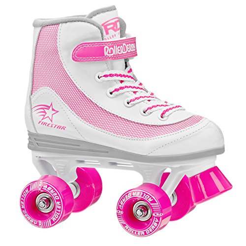 Roller Derby Firestar Youth Girl's Quad Roller Skates, White/Pink, Size 03