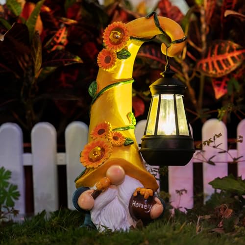 twinbling 12' Solar Gnome Garden Statues Honey Bee jar Decor with LED Lantern Outdoor Gnomes Decorations Patio Yard Art Gifts for Women Mom-Lantern