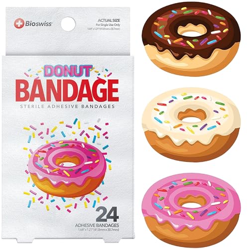 BioSwiss Bandages, Donut Shaped Self Adhesive Bandages, Latex Free Sterile Wound Care, Fun First Aid Kit Supplies for Kids, 24 Count