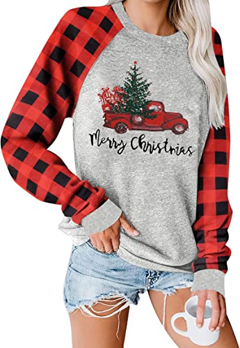 Merry Christmas Shirts for Women Christmas Tree Sweatshirts Funny Plaid Holiday T Shirt Snowflake Long Sleeve Tops