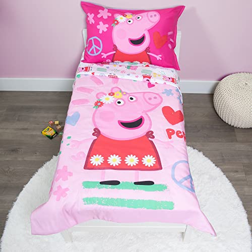Peppa Pig Be Nice & Kind 4 Piece Toddler Bedding Set - Includes Comforter, Sheet Set - Fitted and Top Sheet + Reversible Pillow Case for Girls Bed, Pink