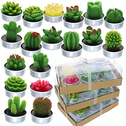 GIFTEXPRESS Cactus Succulent Tealight Candles - 18 Unique Pieces of 1.5' Scented Tea Light Plant Candle - Cute Home Decor, Mini Party Favors or Birthday Gifts