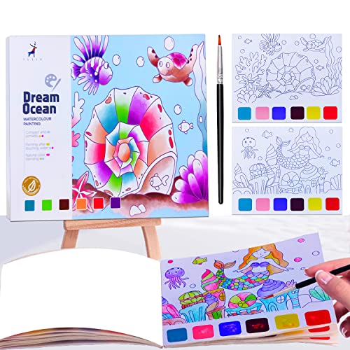 JUNQIU Watercolor Coloring Books for Kids Ages 4-8, Pocket Watercolor Painting Book for Toddlers, Arts and Crafts for Girls Boys, Water Colors Paint Kids