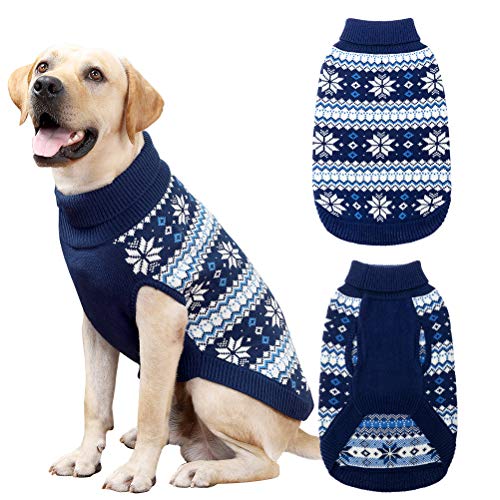 KOOLTAIL Cable Knit Dog Sweater Turtleneck, Cold Weather Pullover Classic Knitwear, Snowflake Pattern Thick Warm Winter Pet Clothes, Dog Christmas Sweater for Small Medium Large Dogs, Navy Blue L