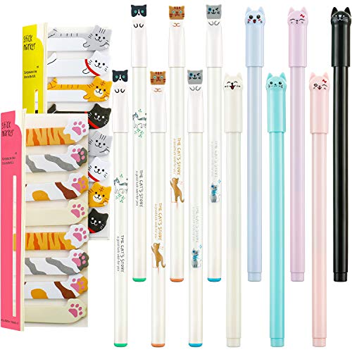 12 Pieces Cute Cat Pens Cats Design Gel Ink Pens Kawaii Writing Pen and 320 Pieces Cute Cat Sticky Notes Page Bookmarks Flags Tab for Cat Lovers Kids Stationery School Office Supplies(Classic Style)