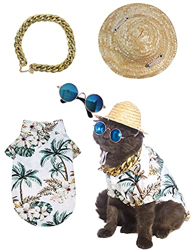 Impoosy Hawaiian Dog T Shirts Pet Summer Clothes Cat Sunglasses Funny Straw Hat Kitten Costumes with Gold Chain Collar (Medium,White)