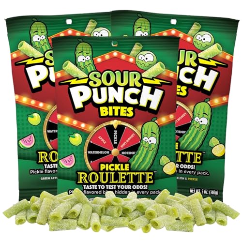 Sour Punch Bites Pickle Roulette, Assorted Fruit Flavored Candies, Fun Party Favor Treats, 5 Ounces (Pack of 3)