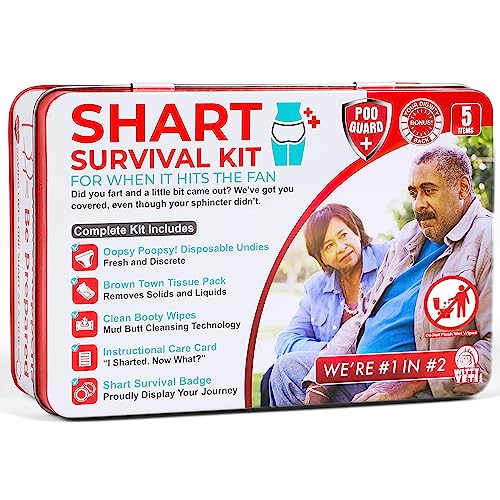 Funny Shart Survival Kit by Witty Yeti. Ultimate Poop Prank Gag Gift Set Contains Wet Wipes, Disposable Underwear, Tissues and Hilarious Badge. Novelty Fart Potty Pack Great for Friends or Family