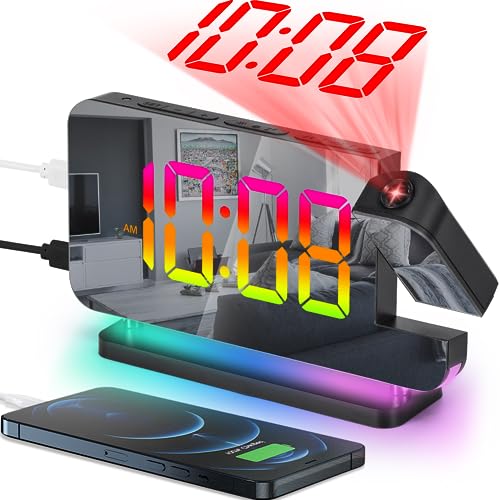 SZELAM Projection Alarm Clock, 7.4 in Digital Mirror Clocks,with 180° Rotatable Projector, RGB Night Light,USB C Charger Port, Auto Dimmer, LED Desk Clock for Bedroom - Black