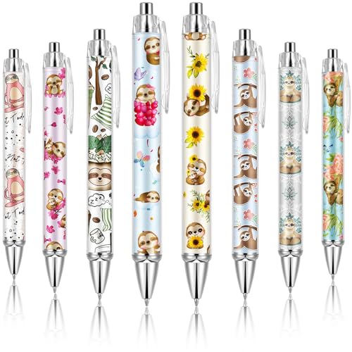 Ireer 8 Pcs Ballpoint Pens for Women and Girls 1.00 mm Writing Pens Black Ink Fancy Pens Fine Point Smooth Writing Pens for Journaling, Aesthetic School Office Supplies (Sloth)