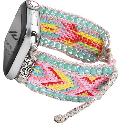 Fancy Woven Braided Nylon Band Compatible with Apple Watch Bands 42mm 44mm 45mm, Retro Boho Friendship Bracelet Handmade Bohemian Beaded Adjustable Dressy Strap Wristbands for iWatch Bands Series