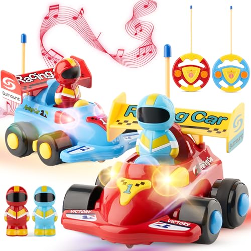 OMBU 2pk Remote Control Car for Kids - Toddler Toys 3-4, Remote Control Car for Toddlers 1-3 with Music and LED Lights, Toddler Boy Toys, 3 Year Old Toys, Gifts for 3 Year Old Boys - for 18+ Months