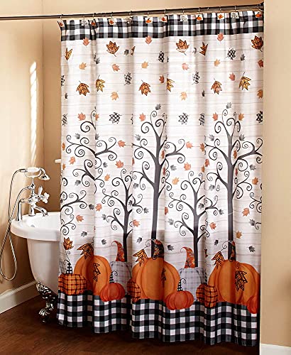 Plaid Pumpkin Bathroom Shower Curtain with Floral Autumn Accents
