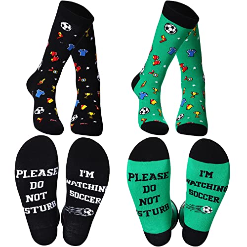 Coume 2 Pairs Soccer Lover Gifts Please Do Not Disturb I'm Watching Soccer Men's Novelty Soccer Socks Funny Sports Themed Crew Socks for Men Women Teen Boys, Black and Green