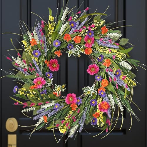 wreathqueen Spring Wreaths for Front Door Outside-Full&Realistic,22 Inch Handmade Summer Wreath Green Artificial Silk Front Door Wreath Indoor Outdoor