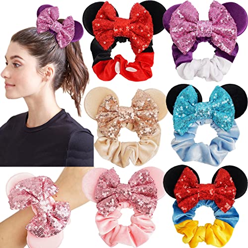 6 Pack Mouse Mickey Ears Scrunchies Velvet Sparkle Sequin Minnie Bows Hair Scrunchies Hair Ties Elastic Rubber Bands Ponytail Holders for Kids Women Girls Adult Christmas Party Decoration