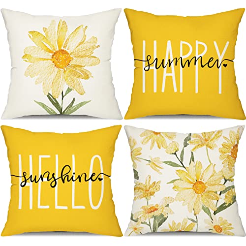 DFXSZ Summer Pillow Covers 18x18 Set of 4 Watercolor Daisy Throw Pillow Covers Hello Sunshine Summer Yellow Outdoor Décor Cushion Case Decoration for Home Couch Chair Sofa