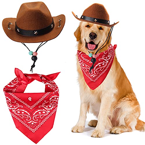 Yewong Pet Cowboy Costume Accessories Dog Cat Pet Size Cowboy Hat and Bandana Scarf West Cowboy Accessories for Puppy Kitten Party Festival and Daily Wearing Set of 2 (Coffee)