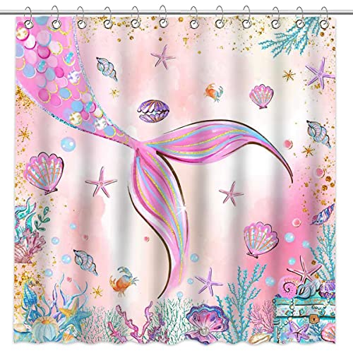 Mocsicka Pink Mermaid Shower Curtain Watercolor Mermaid Tail Shower Curtain for Girls Kids Bathroom Under The Sea Ocean Theme Shower Curtain Set with 12 Hooks, 72x72 Inches
