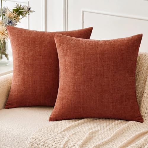MIULEE Pack of 2 Couch Throw Pillow Covers 18x18 Inch Soft Burnt Orange Chenille Pillow Covers for Sofa Living Room Solid Dyed Pillow Cases