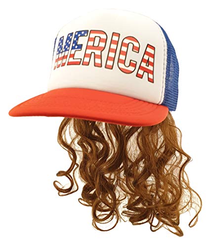 HandinHandCreations USA Mullet Hat Brown Wig Merica Redneck 4th of July All American Costume One Size Fits All - Cotton Hat