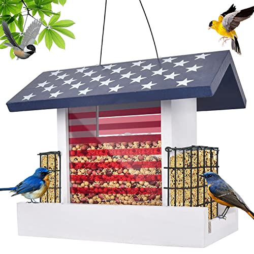 Gaprass Bird Feeders for Outdoors Hanging, Handmade Wooden Bird Feeder with 2 Plastic Windows and 2 Suet Holder Cages, 5.18 lbs Large Capacity for Outdoor Garden Decoration Yard