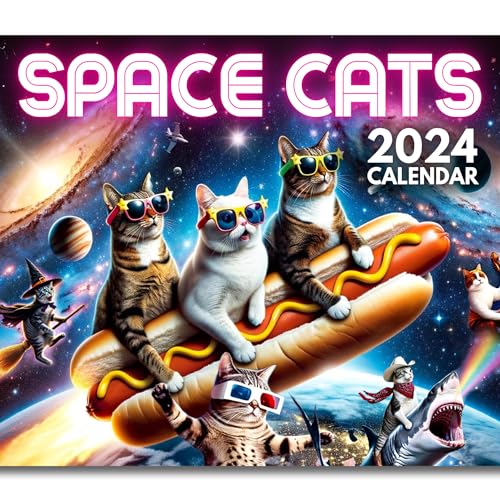 Space Cats Wall Calendar 2024 | Funny Cat Themed Gifts For Cat Lovers Featuring Shark Cat, Tuxedo Cat, Grumpy Cat & Other Silly Space Fun