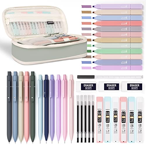 Nicpro 39 PCS Aesthetic School Supplies with Big Capacity Pen Case, 12 Colors Chisel Tip Cute Highlighters, 5 Quick Dry Retractable Black Ink Pens, 6 Pastel Mechanical Pencil 0.5 & 0.7 mm