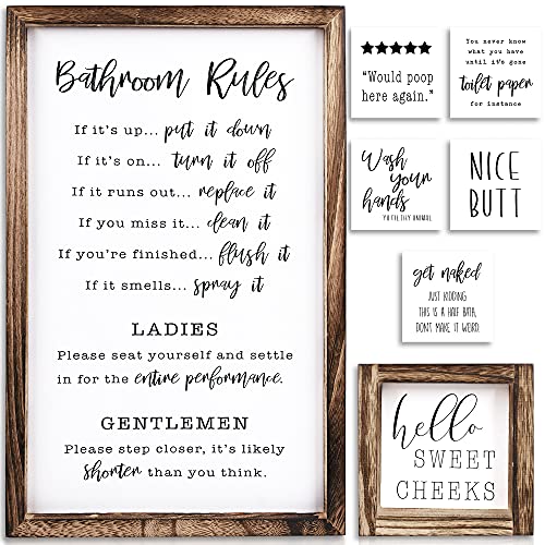 KIBAGA Farmhouse Bathroom Decor Set of 2 - Funny Interchangeable Wall Signs That Will Bring a Good Laugh To Your Bathroom - Rustic Wooden Picture Frames with Unique Sayings Are Perfect For Your Home