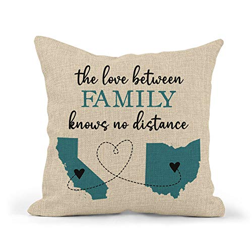 CANARY ROAD Personalized The Love Between Family Knows No Distance Pillow | Two State or Country Long Distance Family | Cousin Aunt Uncle Moving Away Father's Day