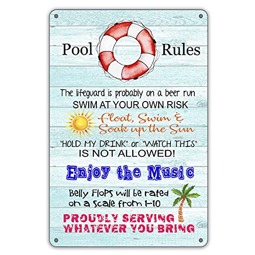 QIONGQI Funny Pool Rules Metal Tin Sign Wall D閏or Blue Sign for Home Swimming Pool Indoor Outdoor Decor