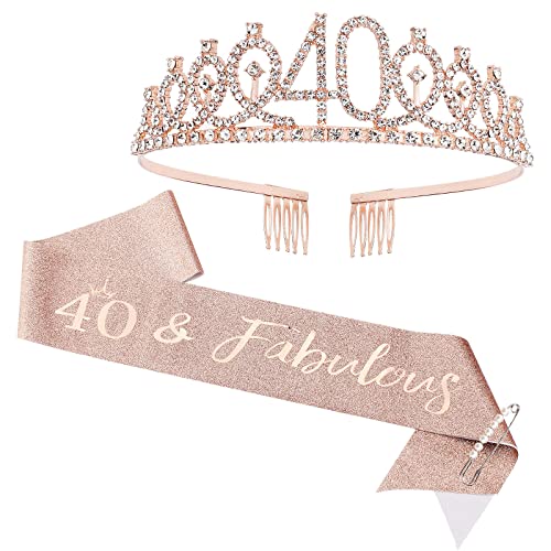 CIEHER 40th Birthday Crown + 40 & Fabulous Birthday Sash + Pearl Pin Set, Birthday Tiara, 40th Birthday Gifts for Women Friends, 40th Birthday Decorations for Women, 40th Happy Birthday Party Favor
