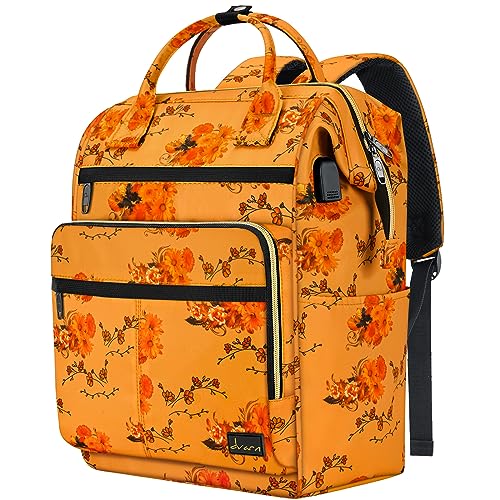 dvarn Laptop Backpack for Women and Men 16.5' Waterproof College Bag With USB Port, RFID Pocket, Waterproof, Travel Work Backpack, Anti-theft College Backpack (Floral Orange)