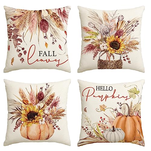 AVOIN colorlife Fall Pumpkin Wheat Cotton Jar Autumn Thanksgiving Throw Pillow Covers, 18 x 18 Inch Seasonal Cushion Case for Sofa Couch Set of 4